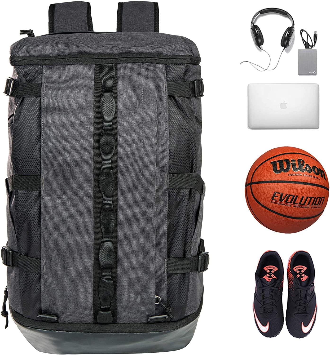 TRAILKICKER Sports Laptop Backpack with Ball Compartment Shoe Drawstring Pocket, Multipurpose Waterproof Youth Bag for Travel Swimming Basketball Baseball Soccer Gym Workout