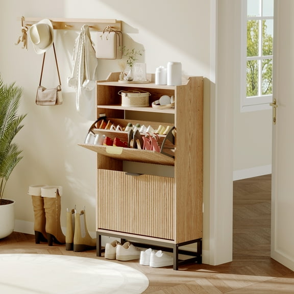 Modern Shoe Cabinet with 2 Flip Drawers & Open Storage Shelf,Shoes Rack with Adjustable Levels,Gold Metal Handles&Fluted Panel for Entryways