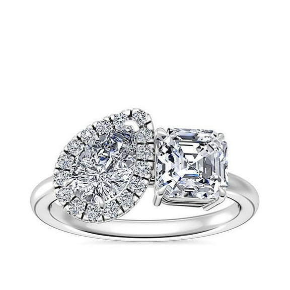 1.10 Ct Unique Two Stone VS1 Asscher & Pear Cut Natural Diamond Engagement Ring for her Solid 14K White Gold Size 7