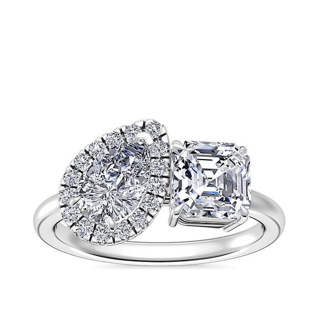 1.10 Carat Excellent Asscher & Pear Cut Real Diamond New Design Two Stone Ring for Wedding Solid 18K White Gold Size 11