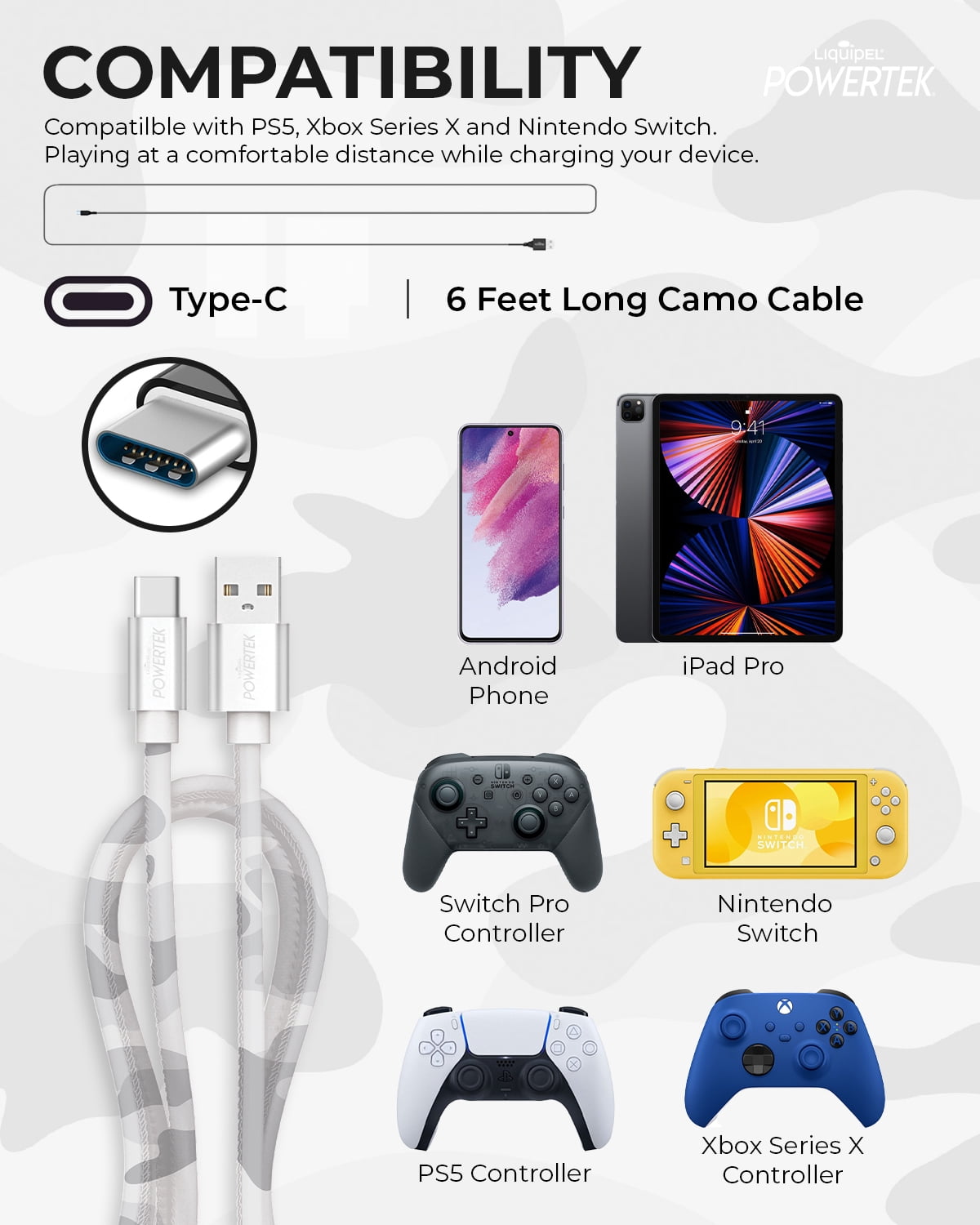 Liquipel Powertek Type C Cable Camo - Gray