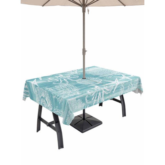 Outdoor Tablecloth with Umbrella Hole for Patio/Picnic/Party/Camping, Turquoise Coastal Waterproof Table Cloth Rectangle Table Cover Washable, Nautical Coral Starfish Shell Octopus Sea (54"x 80")