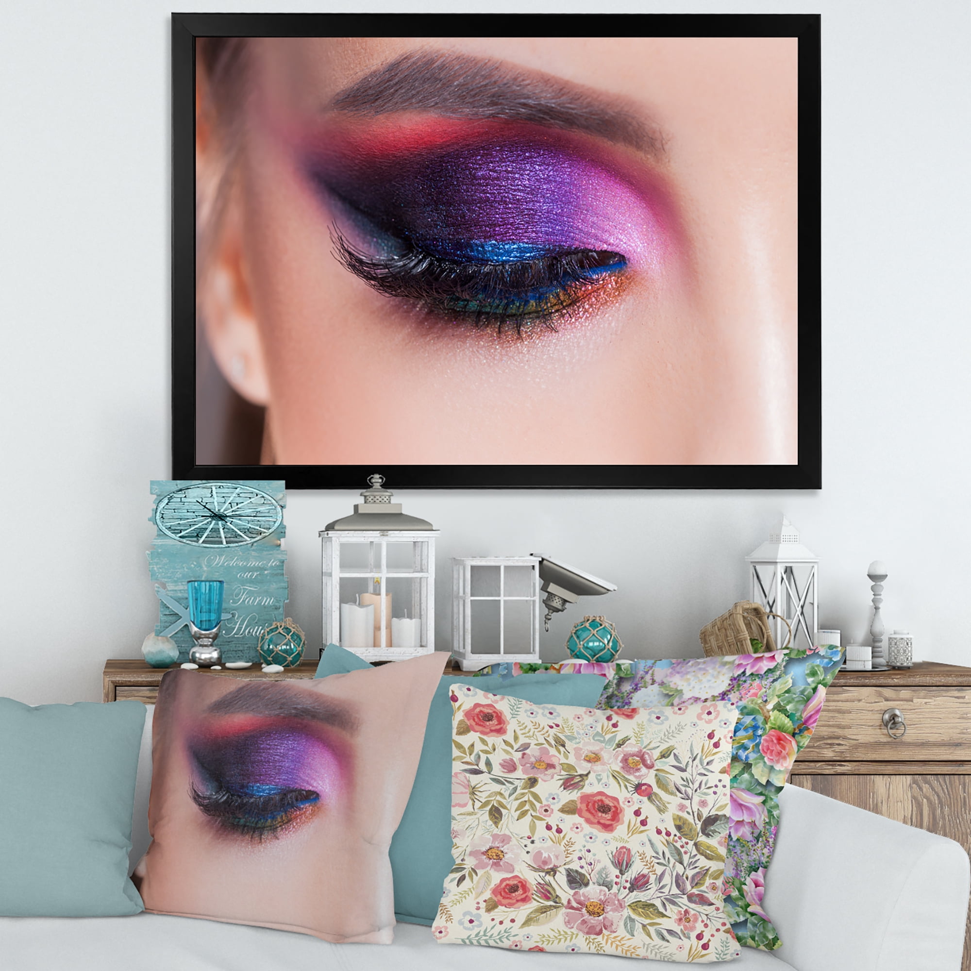 Designart 'Bright Eye Makeup In Luxurious Blue And Pink Shades' Modern Framed Art Print