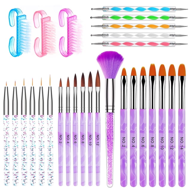 AROIC Juego de 28 pinceles acrílicos para uñas, incluye 7 pinceles de gel UV para decoración de uñas, 6 pinceles de extensión de uñas 3D, 5 bolígrafos de doble punta para decoración de uñas con caja b