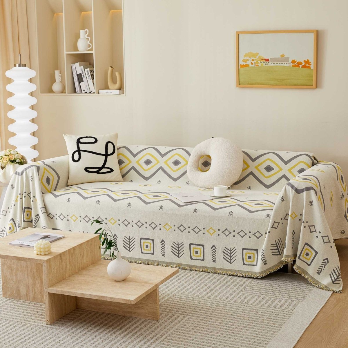 Croniis Boho Sofa Cover with Anti-slip Velcro Tape, Couch Blanket Cover Sectional Sofa Cover for Boho Style, Revitalizing the Old Sofa,Couch Protector,Chenille Fabric diamond pattern 71*134in