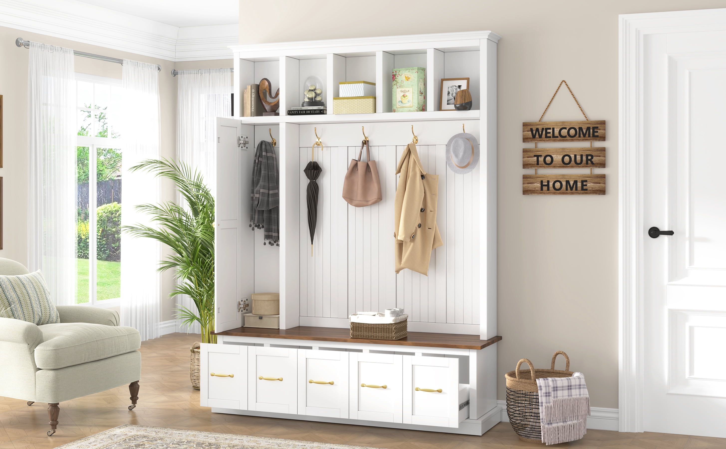 Mintazer 78.7” Tall Farmhouse Entryway Hall Tree with Coat Rack Hooks, 2 Closet, 5 Drawers & Shoe Storage Bench for Living Room, Bedroom, Hallway, White