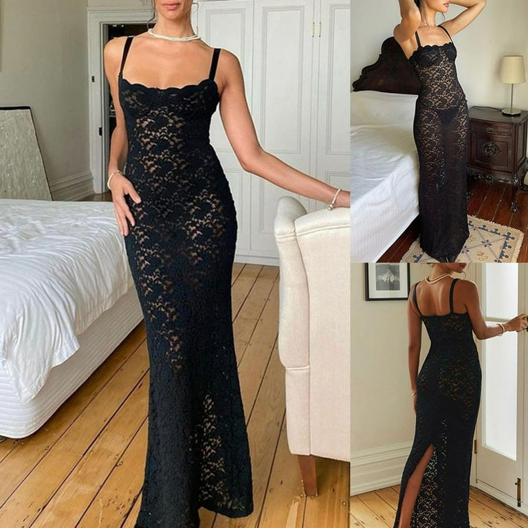 Womens Transparent Lace Dress Slip Maxi Long Split Sundresses Party Dresses Walmart