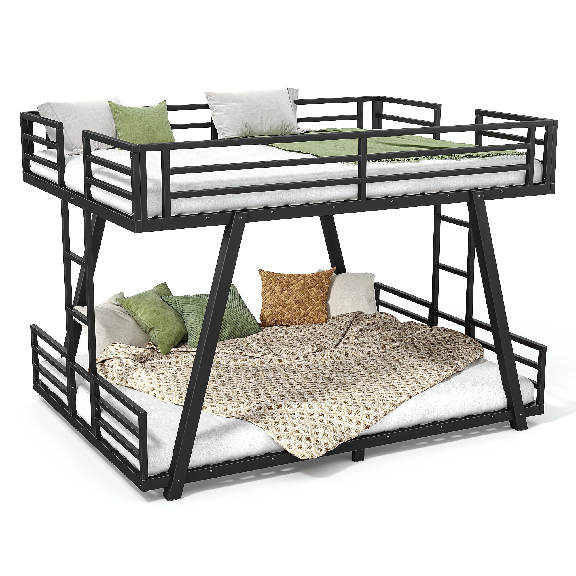 Aukfa Queen over Queen Metal Bunk Bed with Heavy Duty A-Frame Support Design, 2 Side Ladders, Low Profile, Black