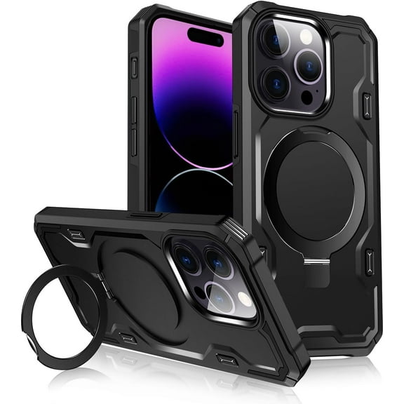 for iPhone 14 Pro Case, [Compatible with Magsafe] [Invisible Built in Stand & Ring Holder] MIL-Grade, Dual Layer Shockproof Full Protective Case for 14 Pro-Black