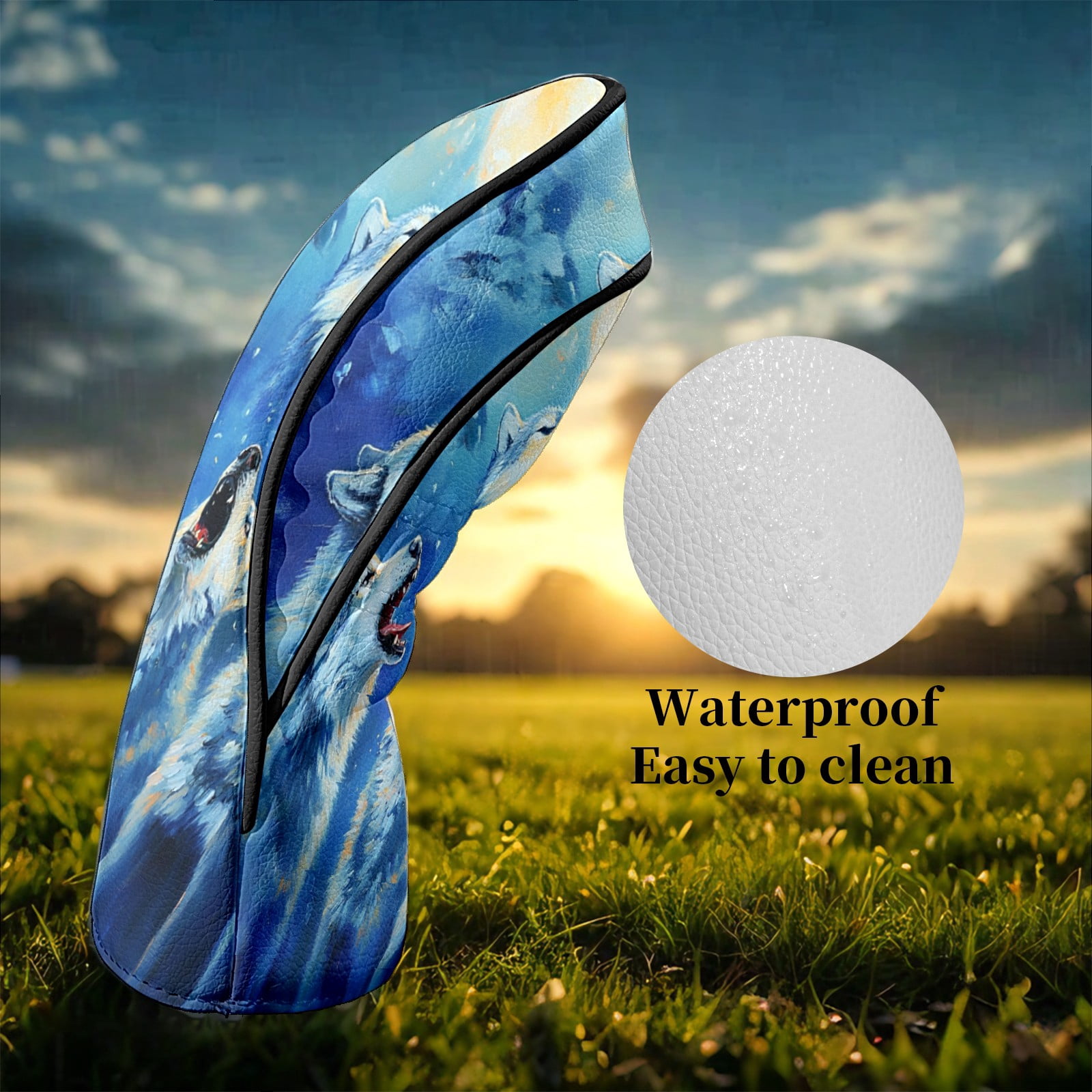 Golf Club Head Covers WolfHowlMoonlitNight Waterproof Leather Golf Head Covers for Men Women Driver Head Cover Fairway Headcover for Golf Lovers