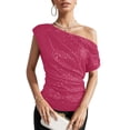 thumbnail image 4 of Bjutir T Shirts For Women Tees One Shoulder Sequin Sparkly Tops Ruched Asymmetrical Glitter Tops Party Shirts Hot Pink S, 4 of 6