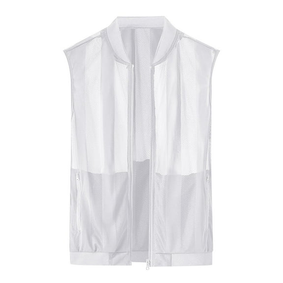 VMESZQFG Men's Casual Solid Color Sleeveless V Neck Mesh Eyelet Zips Up Soft Comfy Vest Breathable Fishing Hiking Outdoor Vests White XL