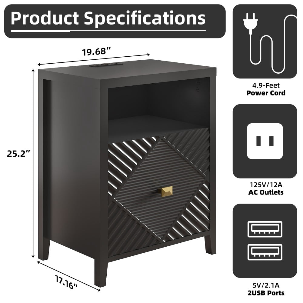 Nightstand with Charging Station, 2 USB Ports & 2 AC Outlets, 19" Modern Bedside Table with Storage Shelf and Cabinet, Black