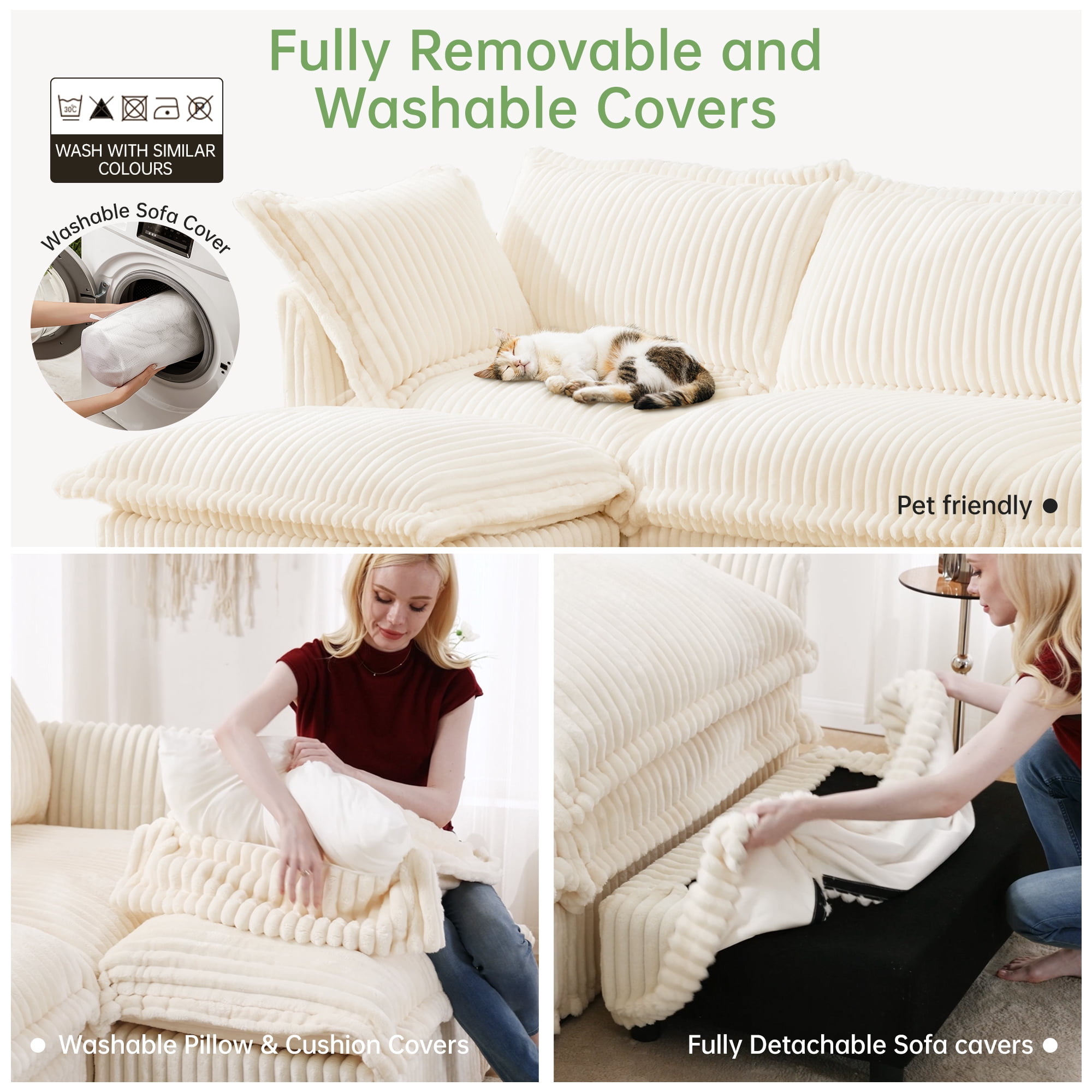 Gewnee Modern Deep Seat 3 Seater Sofa Couch,Cream Corduroy Fabric Soft Multiple Big Pillows,Comfy Couch for Living Room,Apartment,