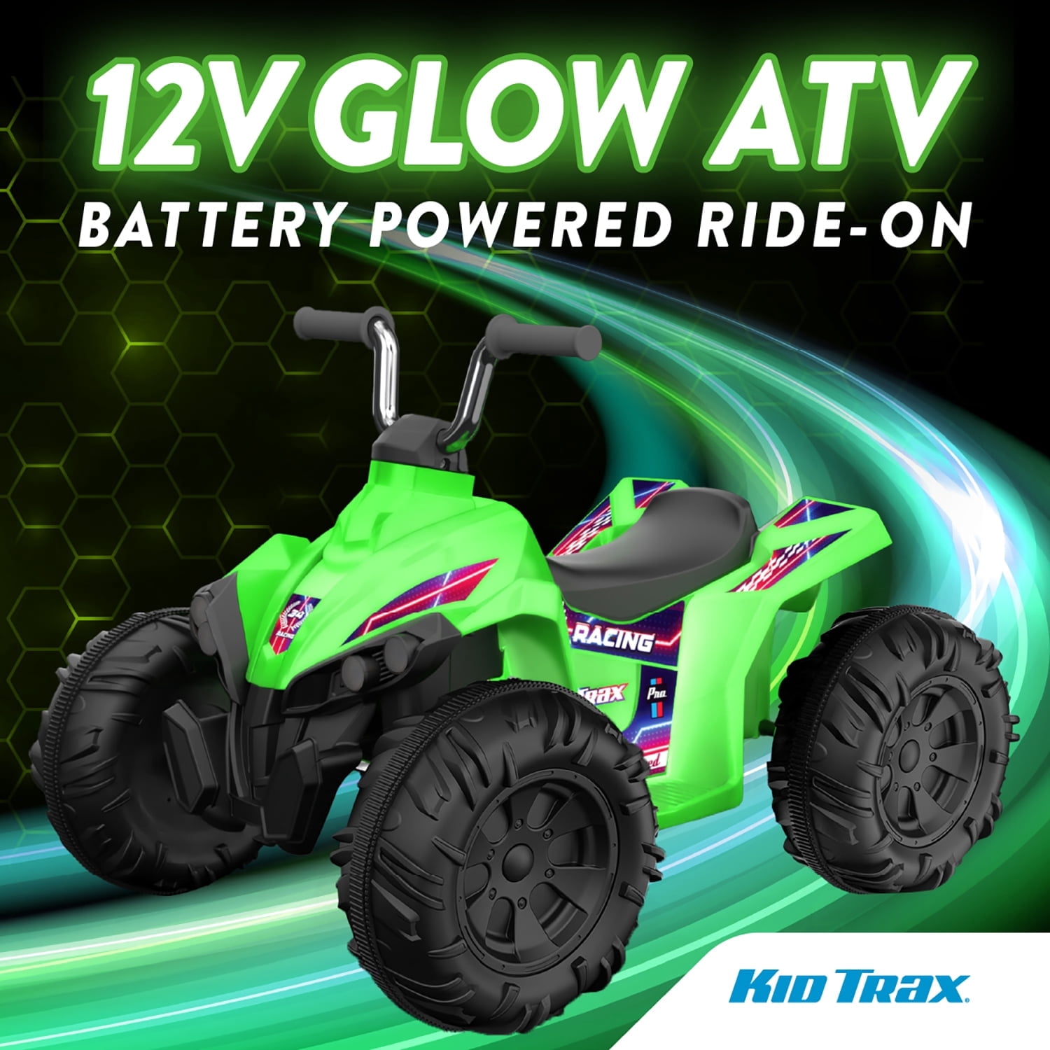 Open Box Flybar KT25017AE Kid Trax 12V Glow ATV Ride-On Toy, Green, Rechargeable Battery, LED Lights, Ages 3-6
