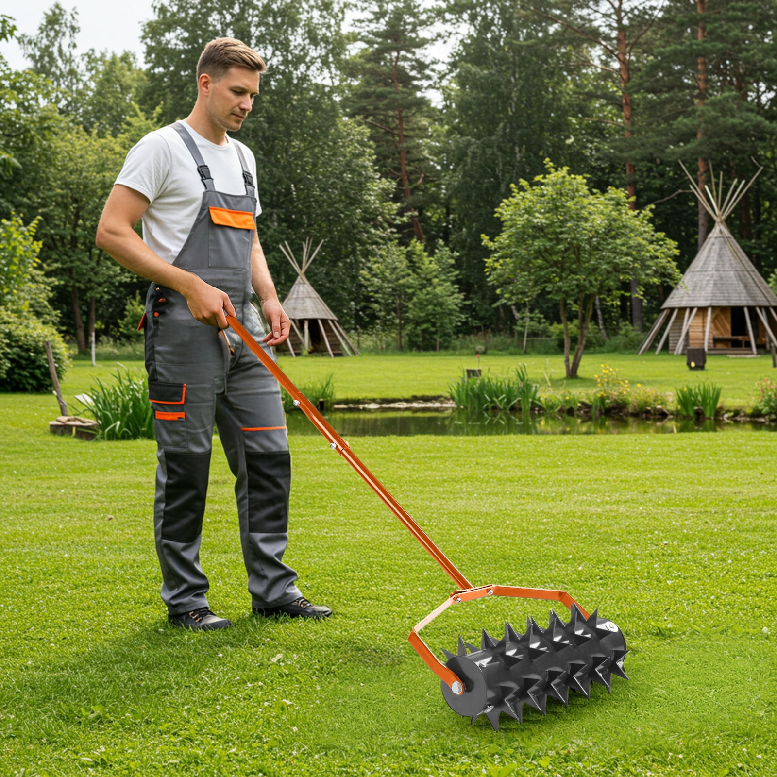 Zimtown 18" Heavy Duty Lawn Aerator, Fillable Drum & Double Spikes, Rubber Handle for Small Yards, Black Orange