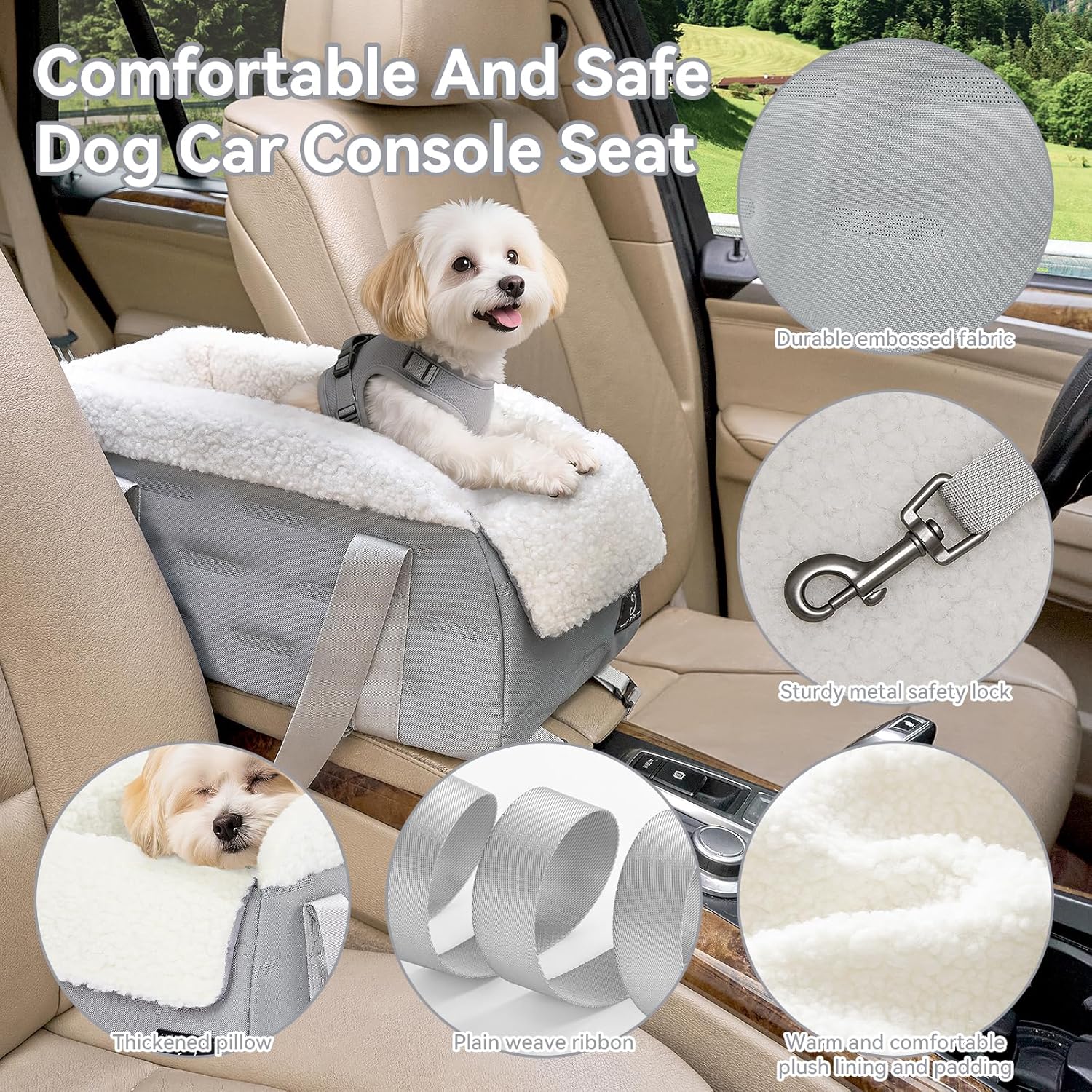 Center Console Dog Car  for Small Dogs Under 12 lbs – Secure Booster  with Safety Tether, Fits Most  & SUVs, Soft Washable Cushion, Portable  Ideal for Pet Travel