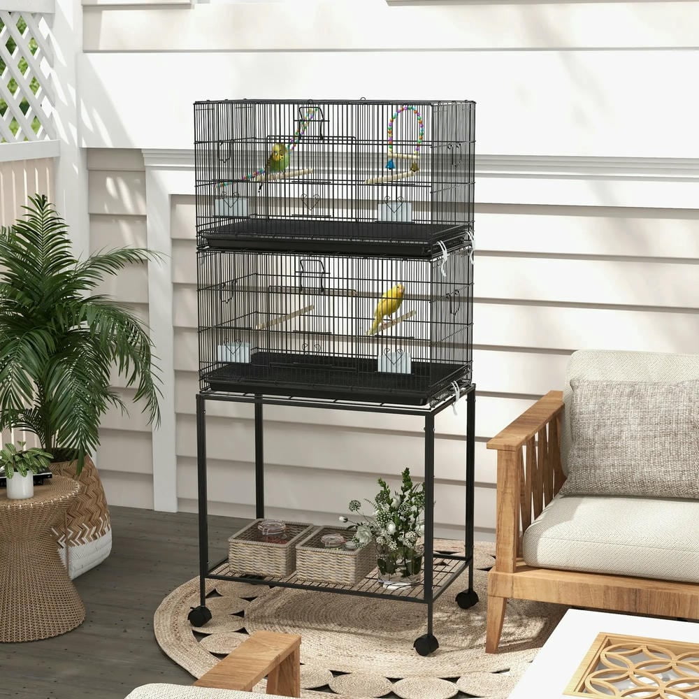 Spaco Double Stackable Bird Cage on Wheels w/ Stand, Bird Cage for Canaries, Black