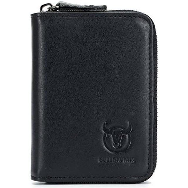 BULLCAPTAIN Cartera con Zíper de Cuero Genuino para Hombre, Tarjetero Compacto con 11 Ranuras para Tarjetas, Estuche de Tarjetas de Cuero Vintage, Negro