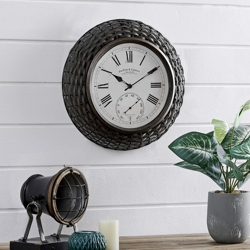FirsTime & Co.® Everly Rattan Outdoor Clock, American Crafted, Dark
