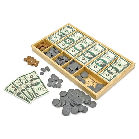 UPC: 0000772012737 | Melissa & Doug Play Money Set – Educational Toy With Paper Bills and Plastic Coins (50 of Each Denomination) and Wooden Cash Drawer for Storage