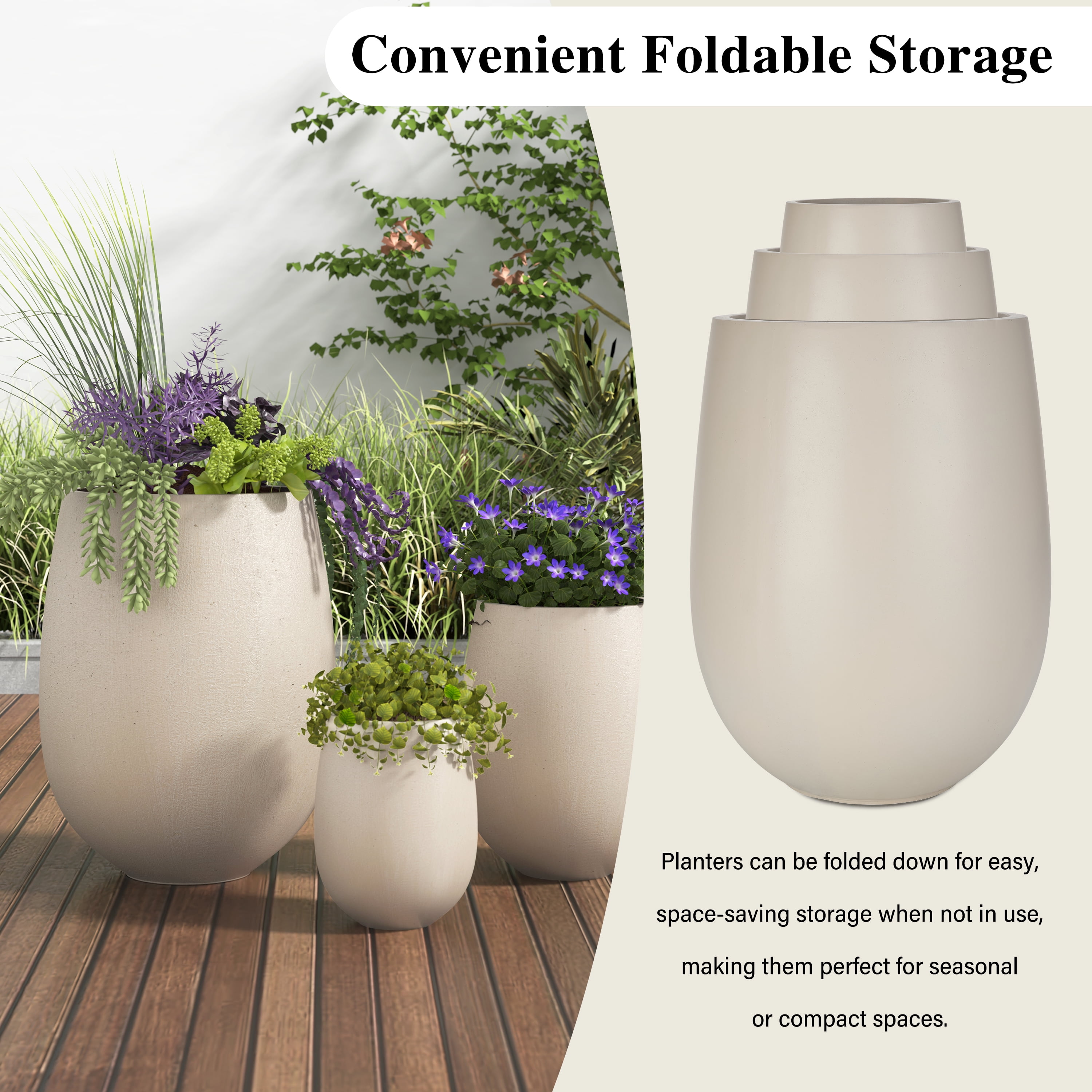 Mintazer Modern Planter Set of 3, 15.6"/10.74"/7.3" Round Stackable Flower Pots with Drainage Holes, Decorative Plant Pots for Indoor & Outdoor, Light Beige