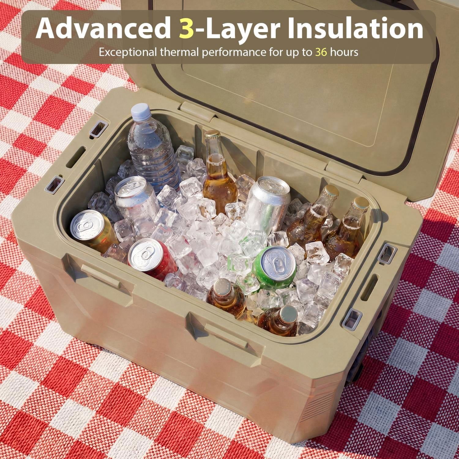 Resenkos Insulated Hard Shell Portable Cooler with Cup Holders Bottle Opener and Drain Plug, Outdoor Ice Chest for Camping, Beach and Picnics, Brown