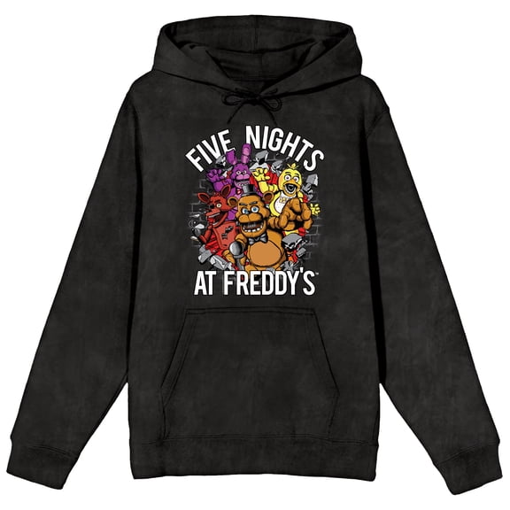 Five Nights At Freddy's Character Burst Adult Mineral Wash Black Salt Long Sleeve Hooded Sweatshirt-Medium