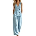 thumbnail image 2 of ClodeEU Women's 2-Piece Outfit, Sleeveless V Neck Top and Wide Leg Pants Set,Casual Loose Summer Set Light Blue,Women's Plus L, 2 of 6