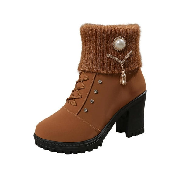 Xfvqtps Knitted Ankle Boots for Women Winter Warm Boots with Pearl Decor Block Heel Side Zipper Comfortable Casual Fashion Boots Brown