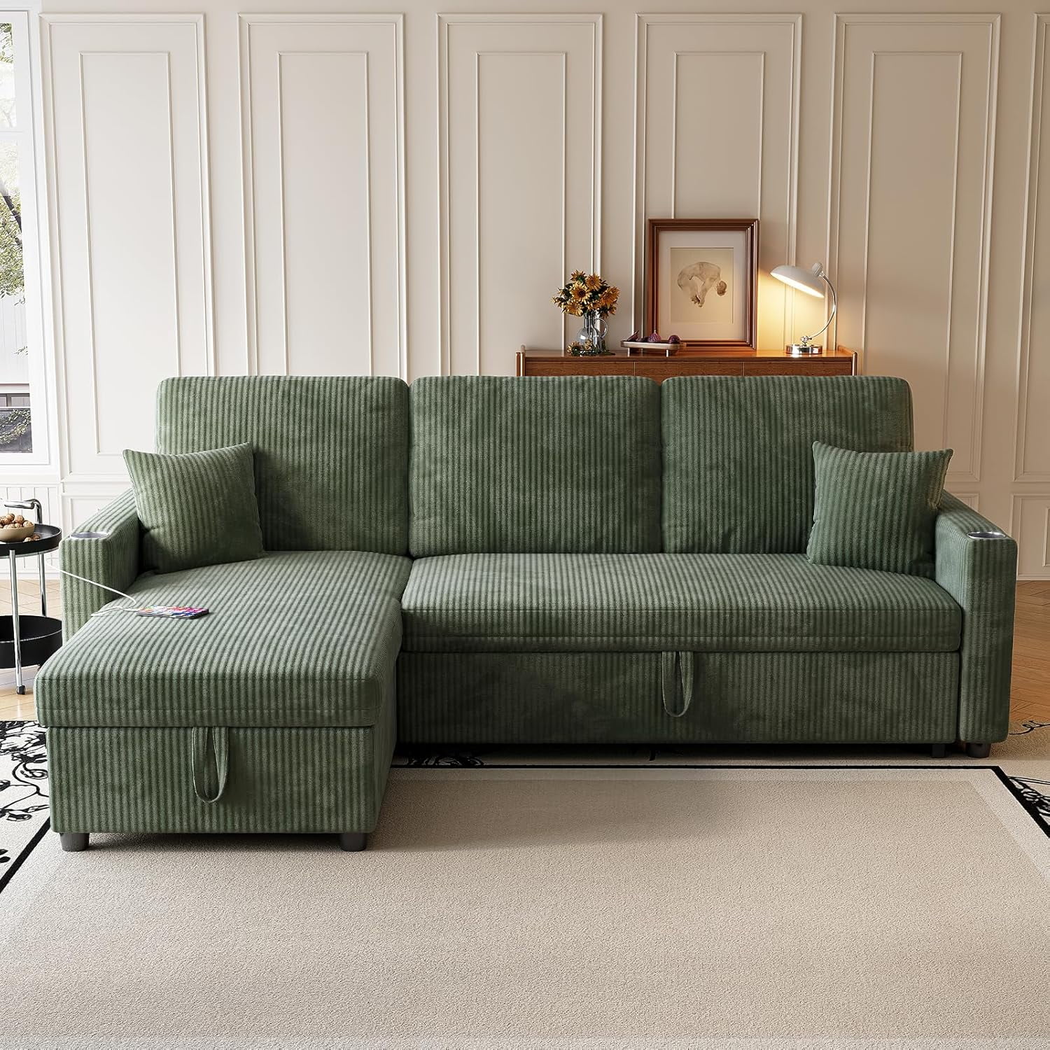 LLappuil Sectional Sofa, 84" Sectional Couch with Storage Chaise, Small Desktop, Cup Holders, Charging Port Convertible Sofa Bed, Corduroy Pull Out Sofa Bed for Living Room Green