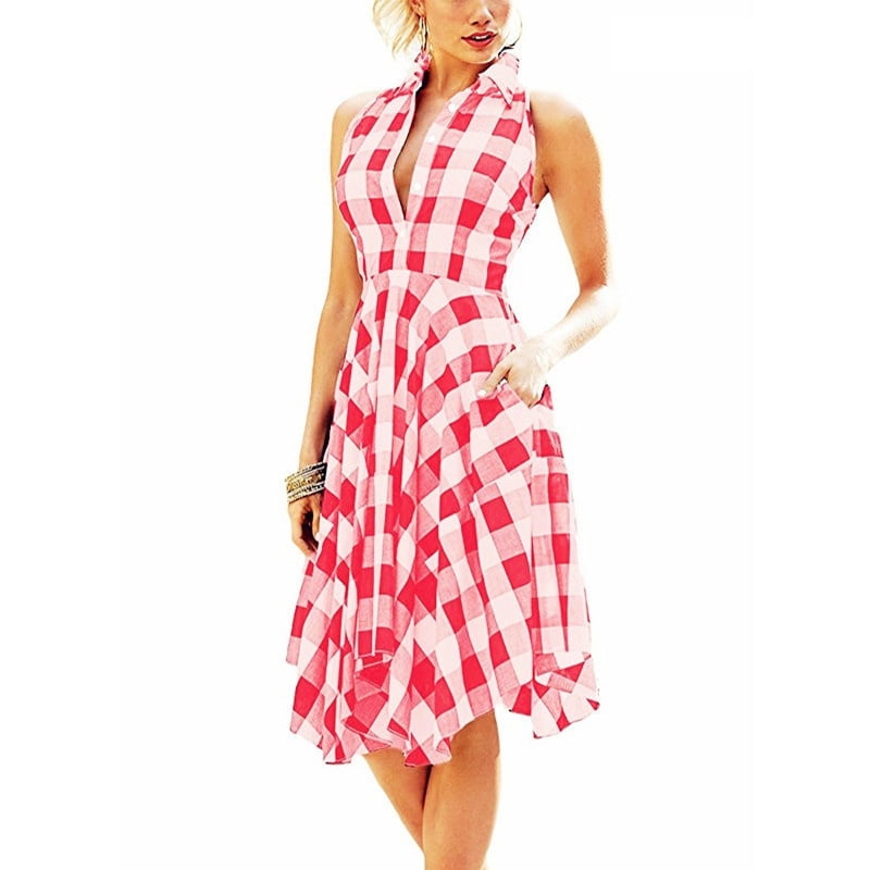Pink Queen Womens Sleeveless Plaid Shirtdress Kneelength Shirts