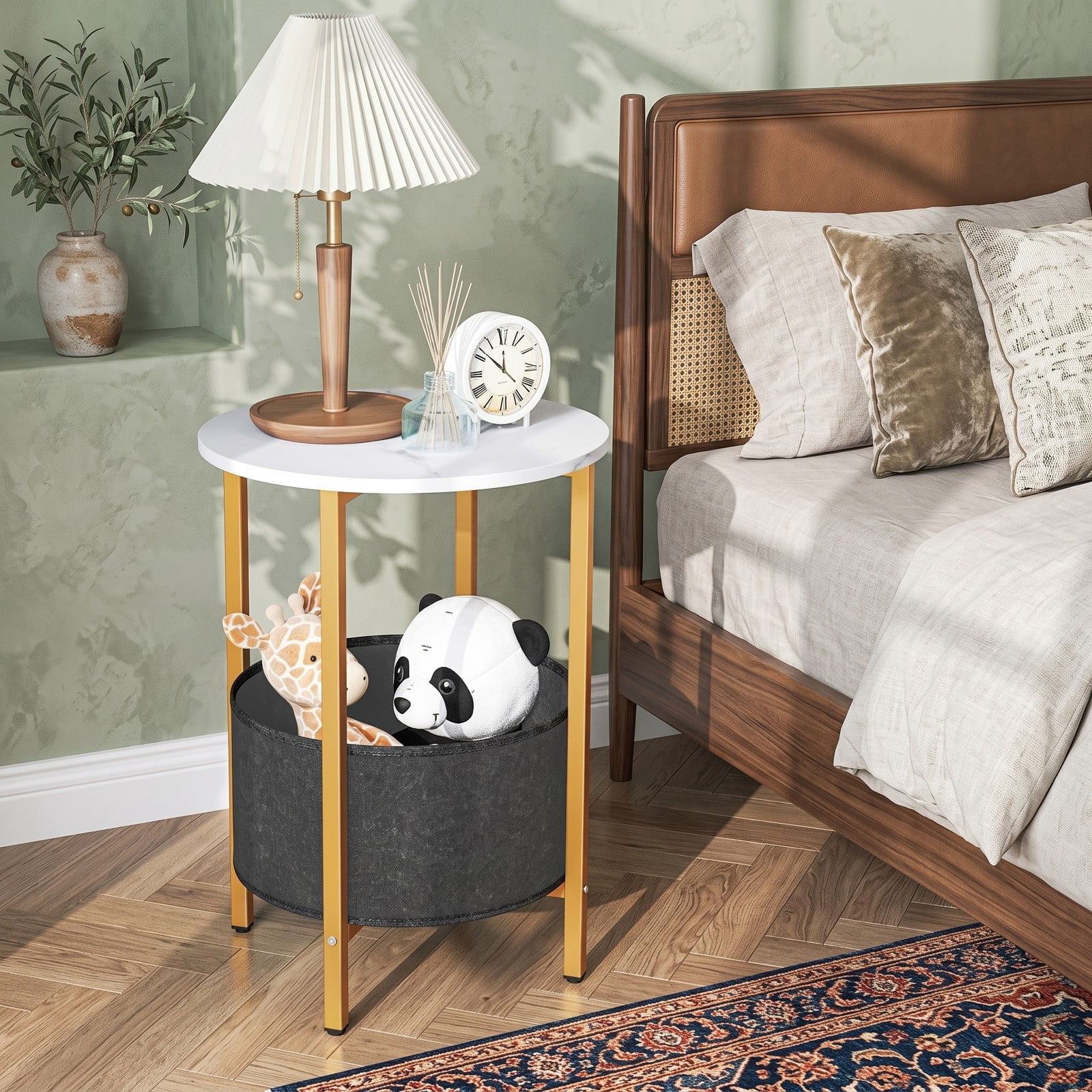 Furnibear Round End Table 2-Tier Side Table with Removable Fabric Basket and Sturdy Metal Frame for Living Room Bedroom Study Nightstand Storage, White