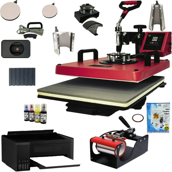 Combo 9 En 1 EV Technologies Plancha sublimacion color roja con impresora y 150 articulos