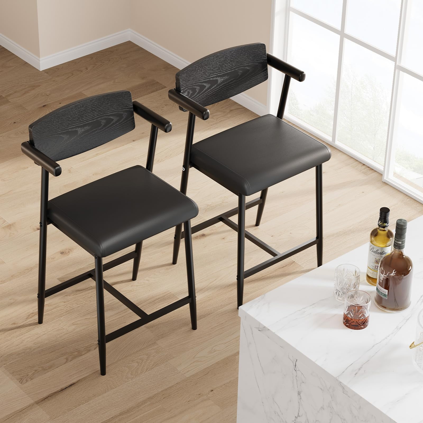 Towallmark 26.5 " Upholstered Counter Height Barstools, Wider Thickened Cushion Bar Stools Set of 2 with Armrest, Retro Black