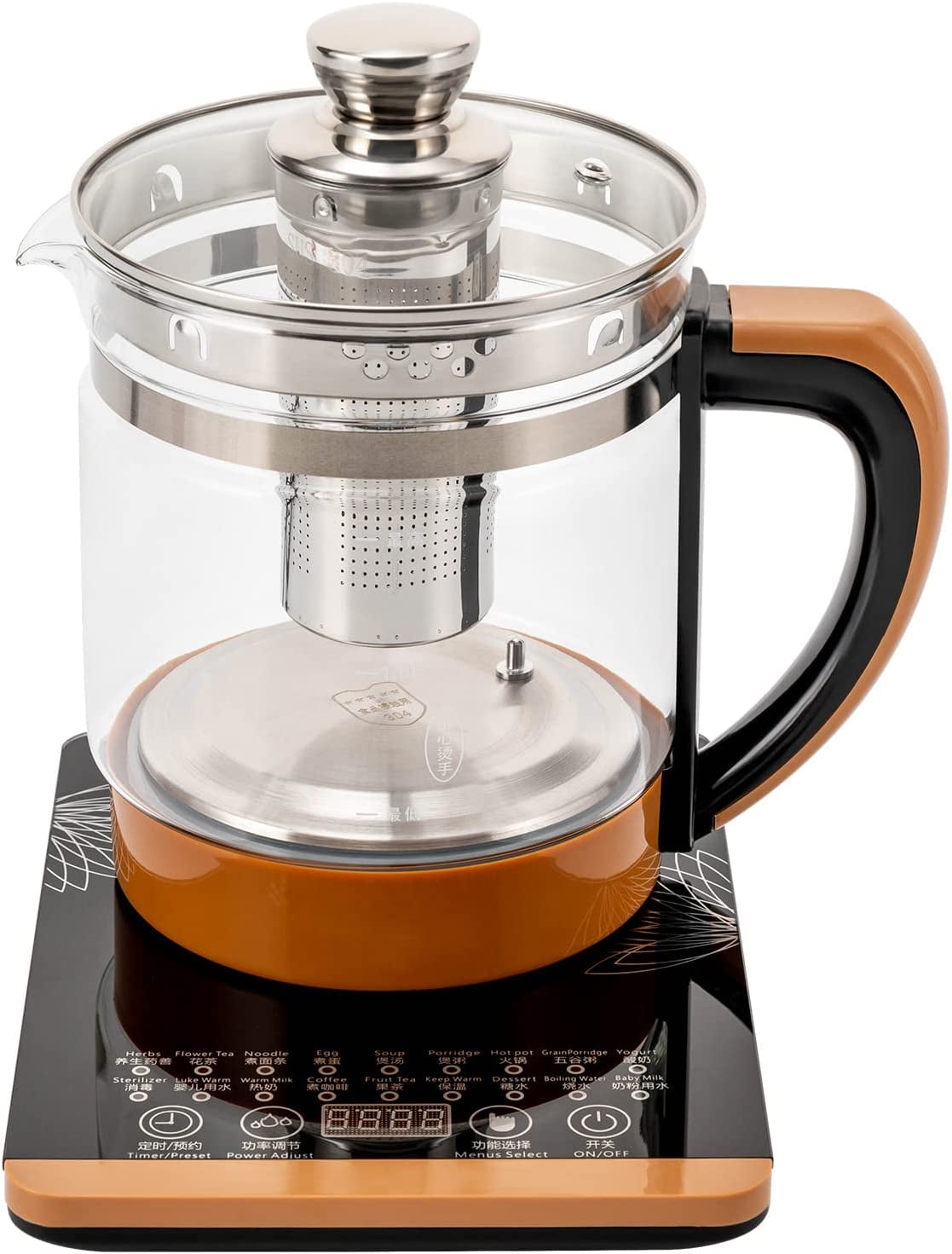 Electric Kettle 1.8L Electric Health Pot Kettle 110V health pot,tea maker, black flower tea, decoction pot, 800W Multifunction Food-Grade Stainless Steel (Brown)