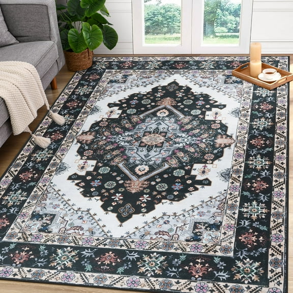 Softlife Ultra-Thin Chenille Vintage Area Rug Oriental Tribal Antique Carpet Boho Style, 9' x 11', Black
