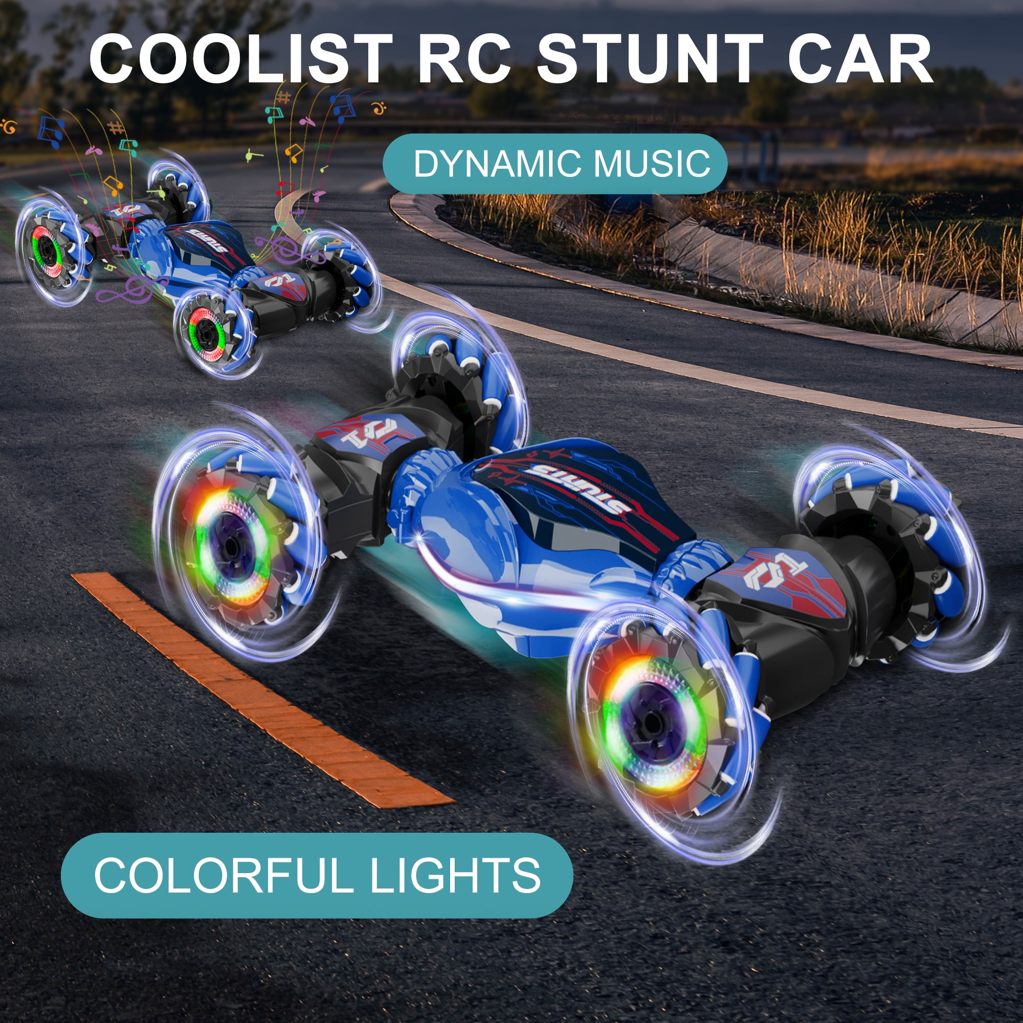 Remote Control Cars RC Stunt Car Toys for 8-12 Year Old Boys, UUGEE 2.4Ghz 1:14 4WD Gesture Sensing Transform Drift Car with Light & Music, Christmas Birthday Gifts for Kids- Blue