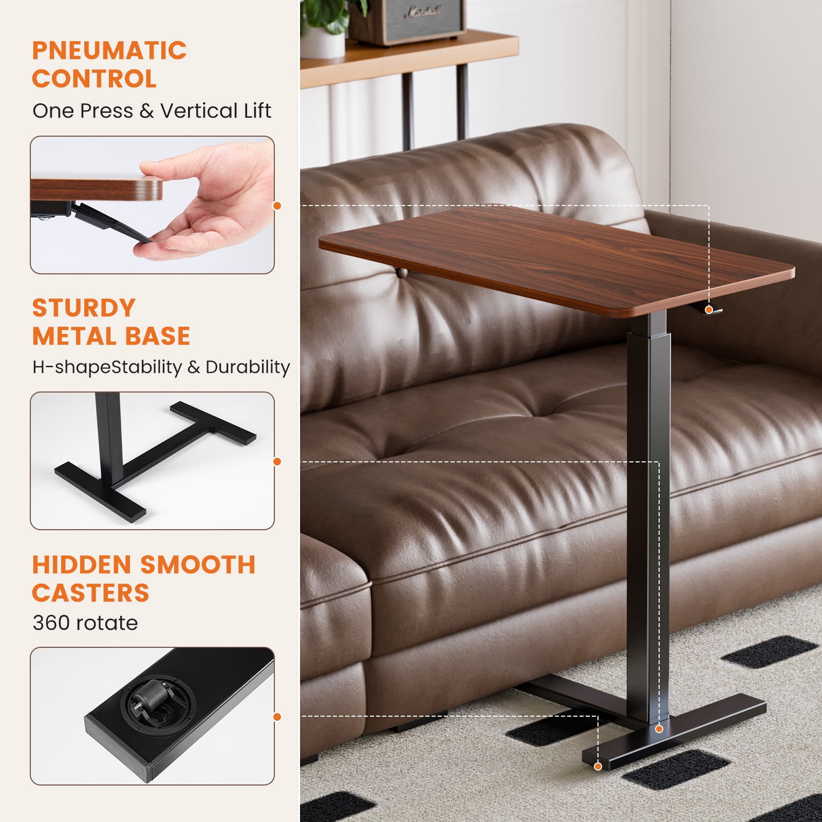 GIANNA Bedside table with wheels, adjustable height bedside table for home use, rolling laptop table, mobile standing desk