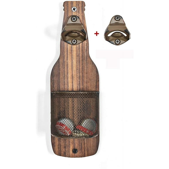 WZW Vintage Wooden Wall Mounted Bottle Opener with Cap Catcher for Beer Lovers