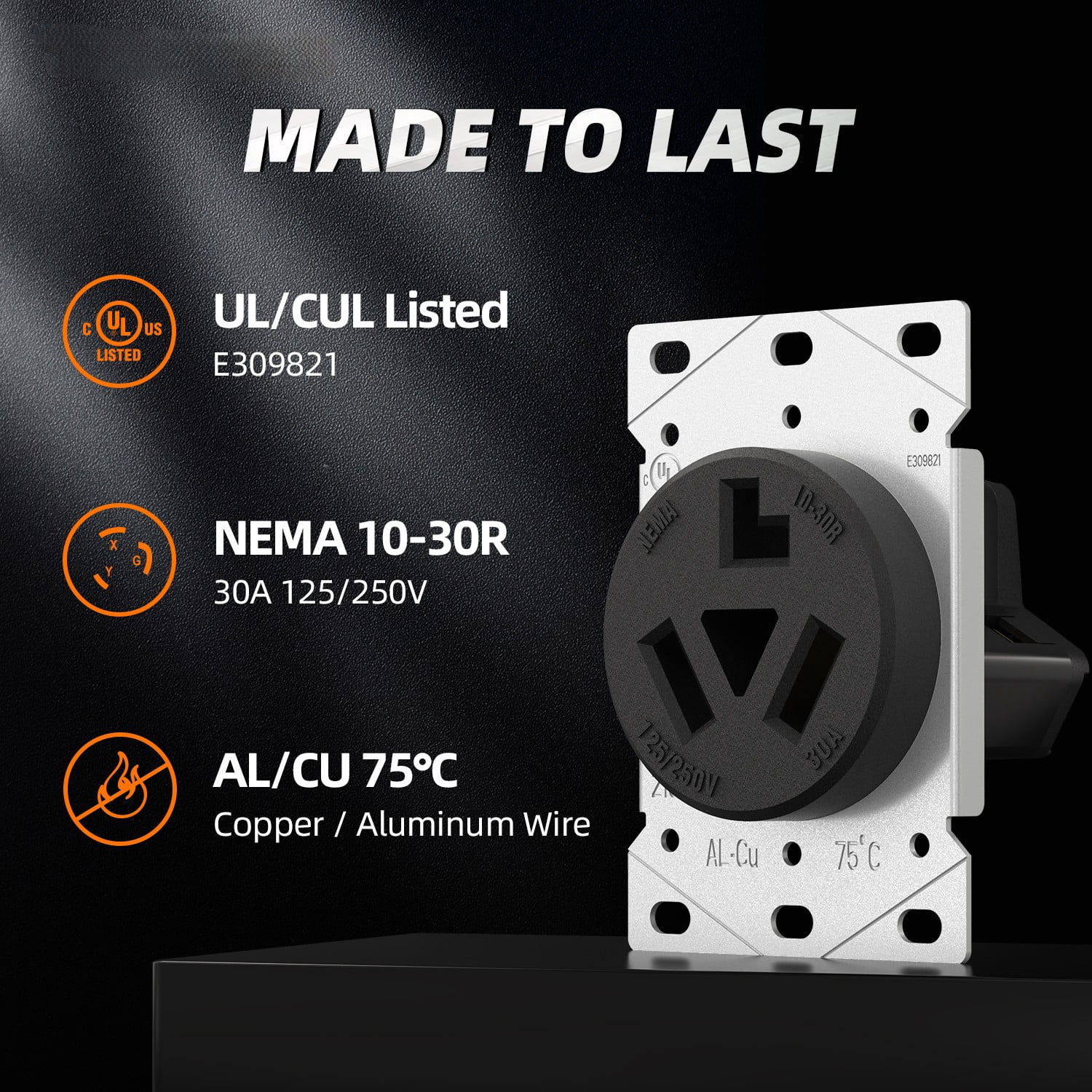 Hyper Tough Flush Mount NEMA 10-30R Dryer Outlet, 30A 125-250V, 3-Wire, Single/2-Gang Box Compatible