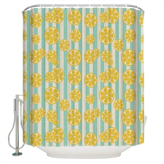 Yellow Lemon Shower Curtain, 36" x 72", Teal Stripes Linen Background Waterproof Bathroom Curtain Washable Shower Curtain Set with 12 Hooks