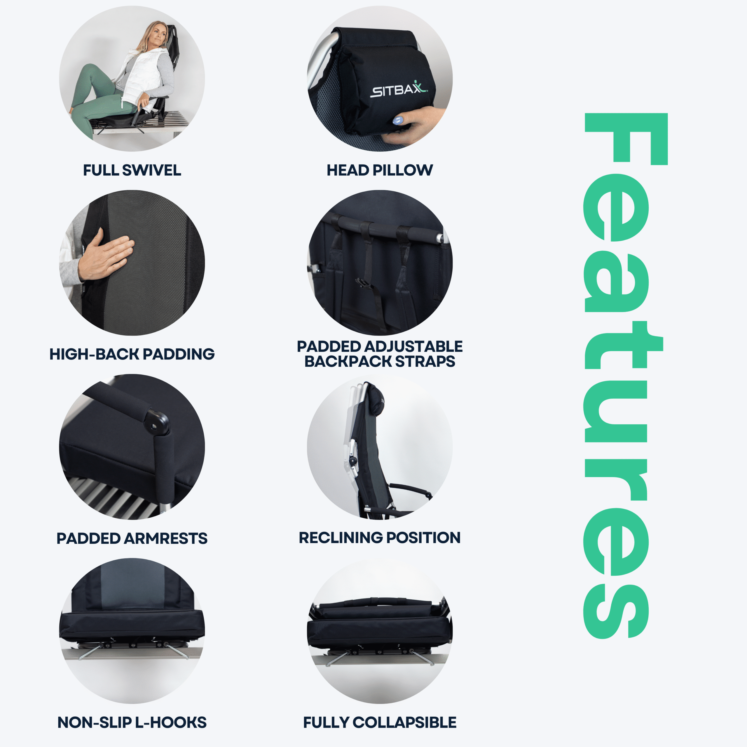 Padded Bleacher Seat-Reclining Stadium Chair with Back & Neck Support & Swivel- Patent Pending-Black