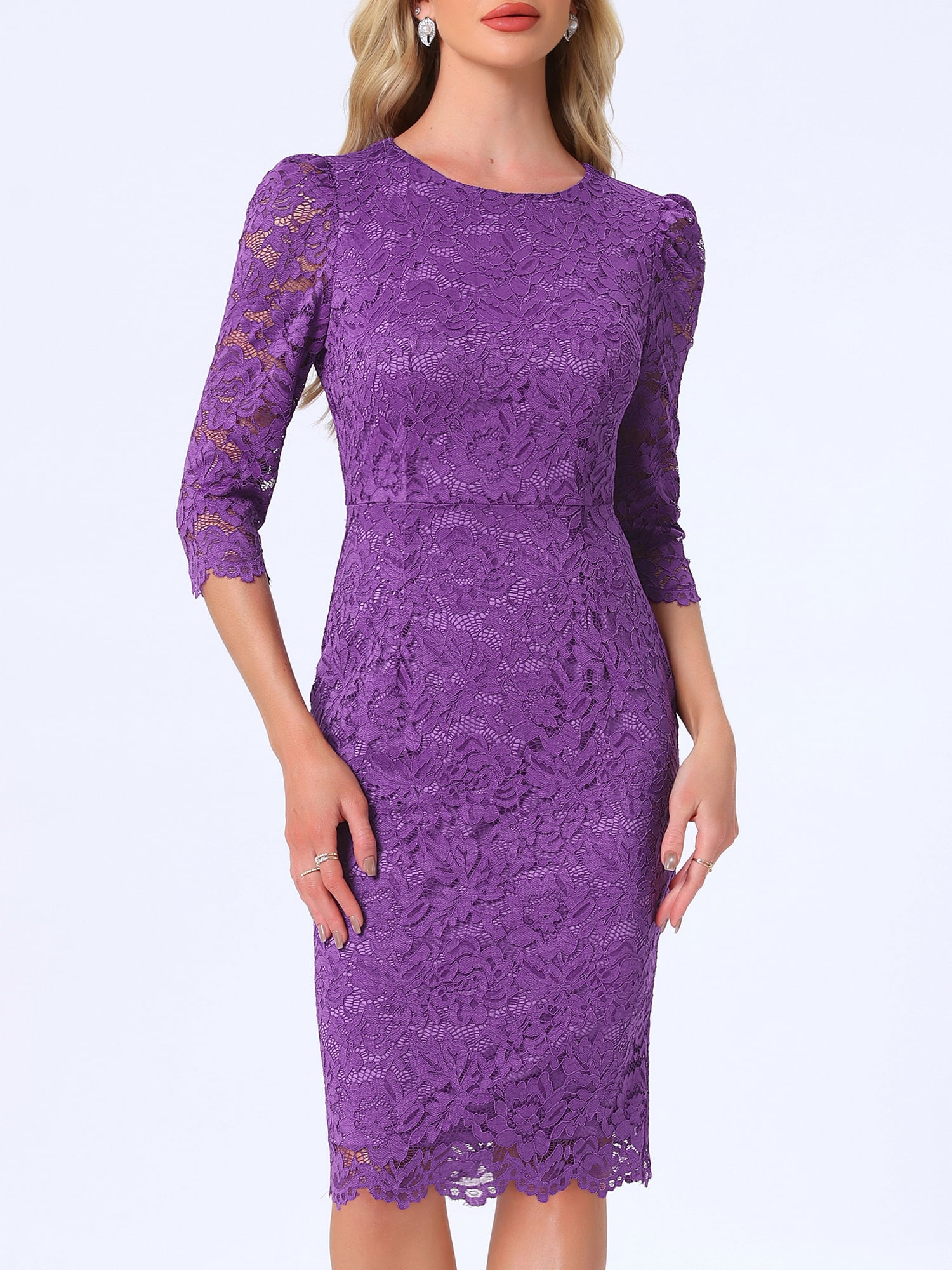 DARING DIVA Women's Elegant Lace 3/4 Sleeves Cocktail Dress S Purple