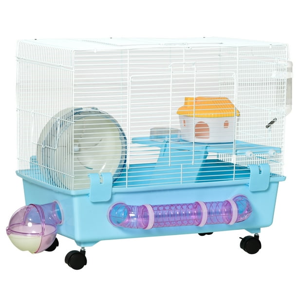 PawHut Hamster Cage, Gerbil Haven, Multi-storey Rodent House, Small Animal  Habitats, Large Hide-out, w/ Water Bottle, Tubes, Exercise Wheel, Food  Dish, Ramp, Shower Room, Light Blue 