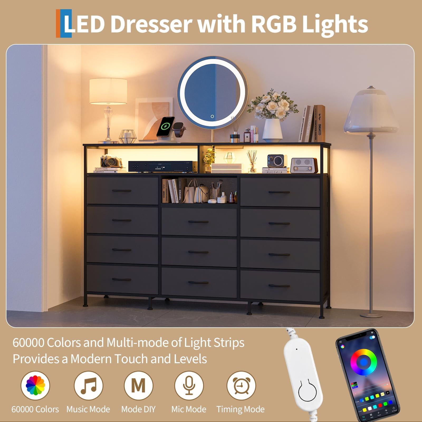 Kicctian 11 Drawers Dresser for Bedroom with LED Lights & Charging Station,Dresesr Chests of Drawers with Open Shelves,Black