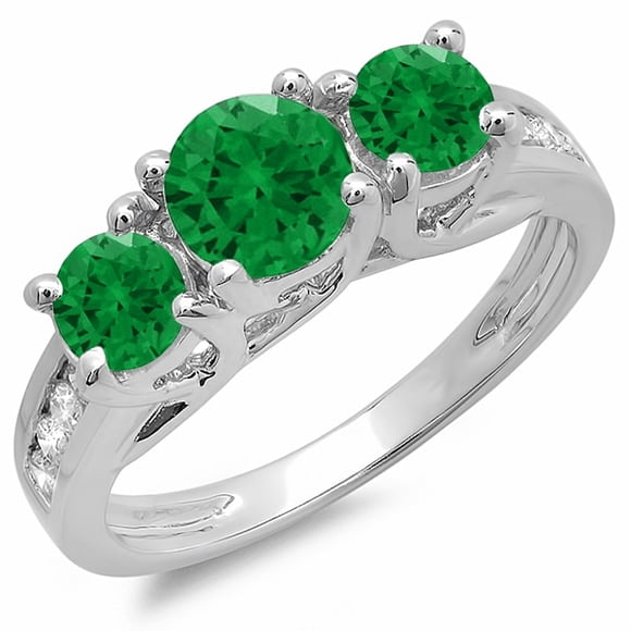 2.00 Carat (ctw) 10K White Gold Round Cut Green Emerald & White Diamond Ladies Bridal 3 Stone Engagement Ring 2 CT