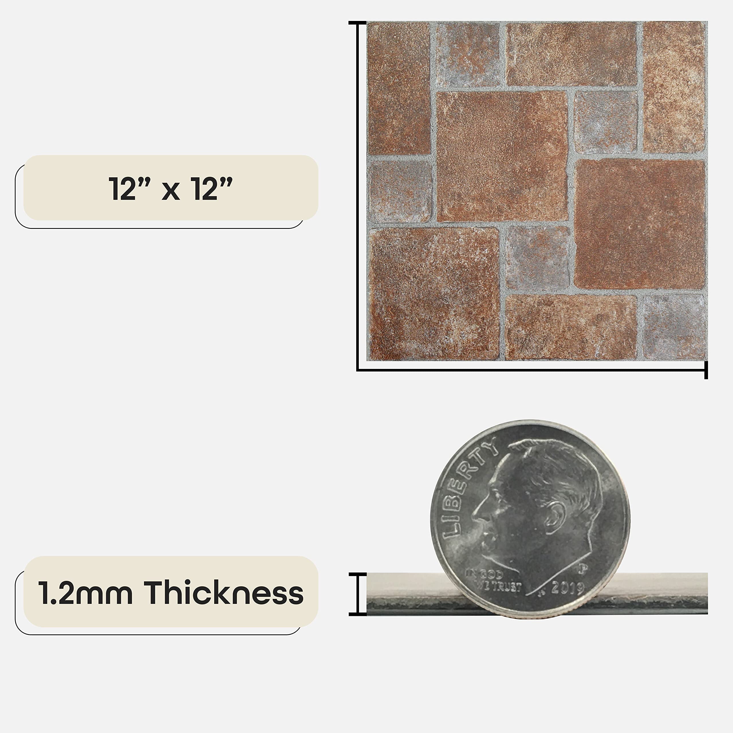 Nexus Self Adhesive 12-inch Vinyl Floor Tiles  20 - 12" X Brick Pavers Pattern Peel & Stick Diy Flooring For Kitchen Dining Room Bedrooms Bathrooms By Home Decor