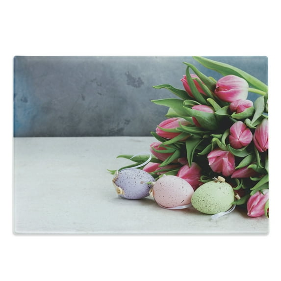 Natural Color Cutting Board, Bouquet of Fresh Tulip Flowers and Colorful Easter Eggs Photo, Decorative Tempered Glass Cutting and Serving Board, in 3 Sizes, by Ambesonne