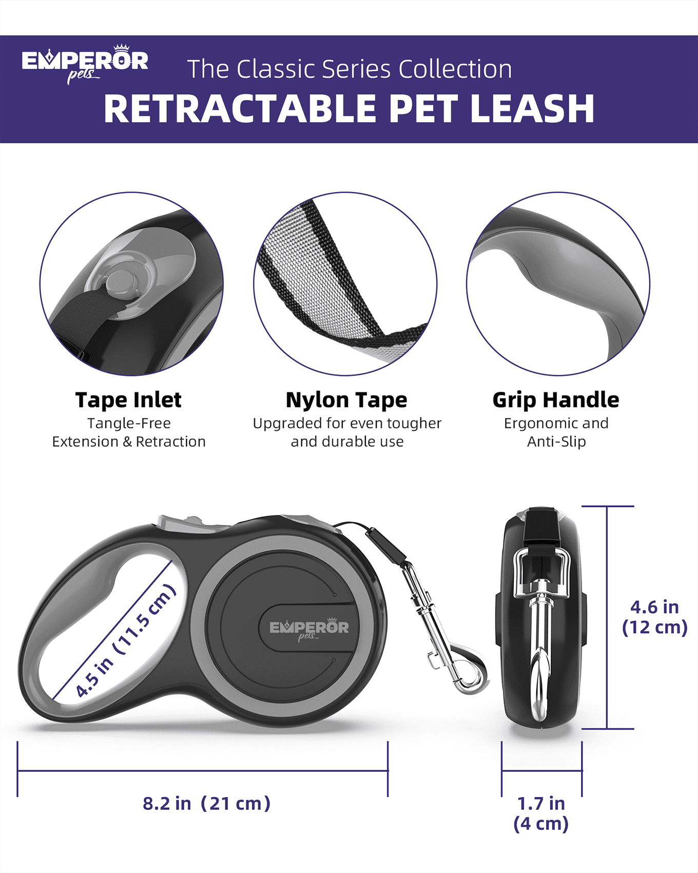 Emperor Pets 26 ft Retractable Dog Leash for Large Dogs, Up to 110 lbs, Heavy Duty, Gray - GY26